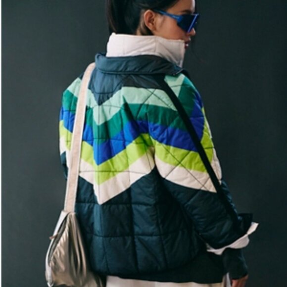 Free People Pippa Packable Puffer Jacket in Camper Stripes Black Combo - Picture 2 of 14